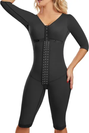 0710 Fajas Colombianas Moldeadoras with Sleeves & Bra, Tummy Control Shapewear in Powernet, Knee-Length, 3-Row Hooks