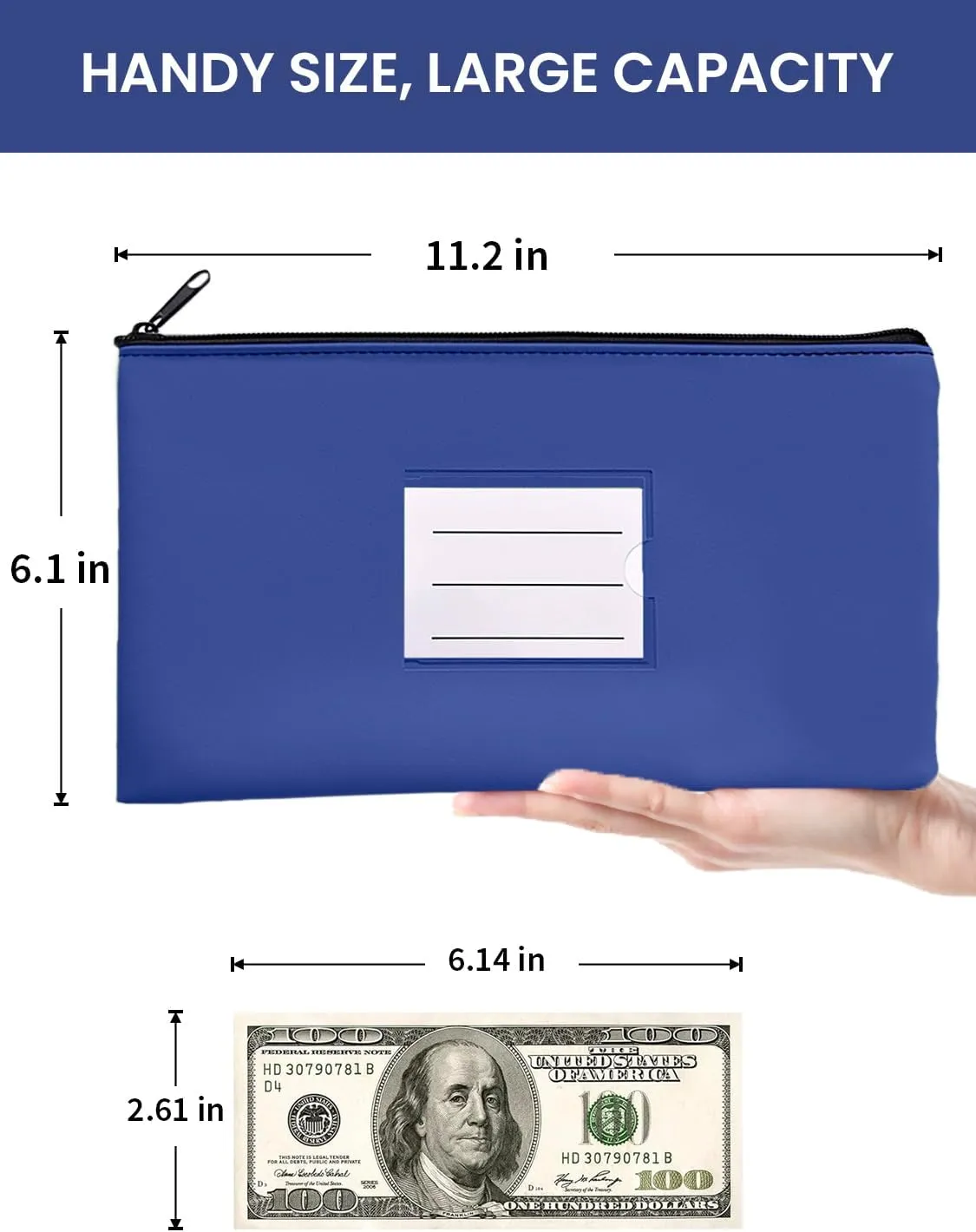 10-Pack Bank Deposit Money Bags with Zipper, PU Leather Cash Pouches with Label, 11 x 6 Inches, for Coins, Cosmetics, Bills, Tools, Royal Blue