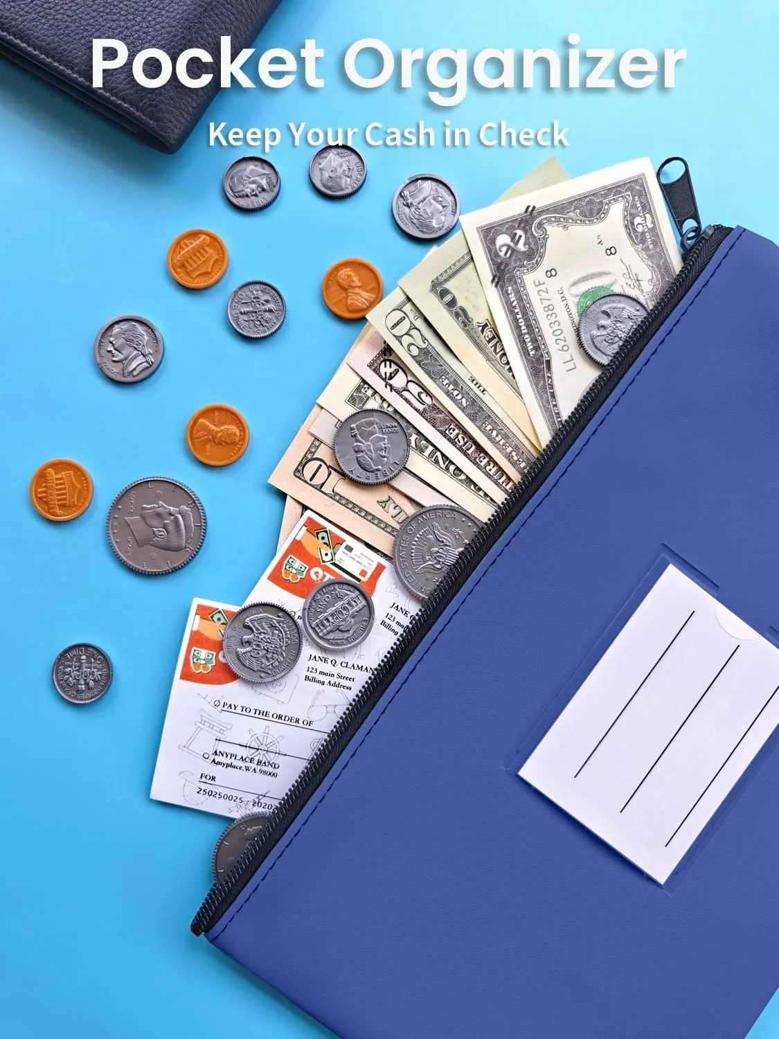 10-Pack Bank Deposit Money Bags with Zipper, PU Leather Cash Pouches with Label, 11 x 6 Inches, for Coins, Cosmetics, Bills, Tools, Royal Blue