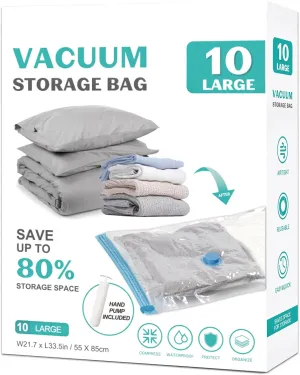 10 Pack Large Space Saver Vacuum Storage Bags Large Seal Bags for Bedding Compression Bags for Travel Comforters Blankets Bedding Pillows Luggage Hand Pump Included