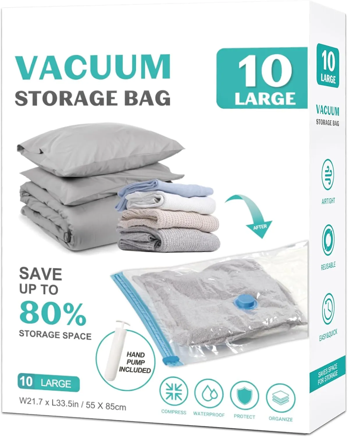 10 Pack Large Space Saver Vacuum Storage Bags Large Seal Bags for Bedding Compression Bags for Travel Comforters Blankets Bedding Pillows Luggage Hand Pump Included