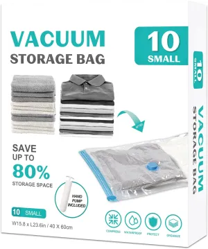 10 Pack Small Space Saver Vacuum Storage Bags Compression Seal Bags for Travel Clothing Luggage Blankets Comforters with Hand Pump