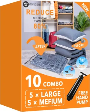 10 Pack Vacuum Storage Bags (5 x Large, 5 x Medium), Space Saver Sealer Compression Bags with Travel Hand Pump for Blankets, Comforters, Pillows, Clothes Storage