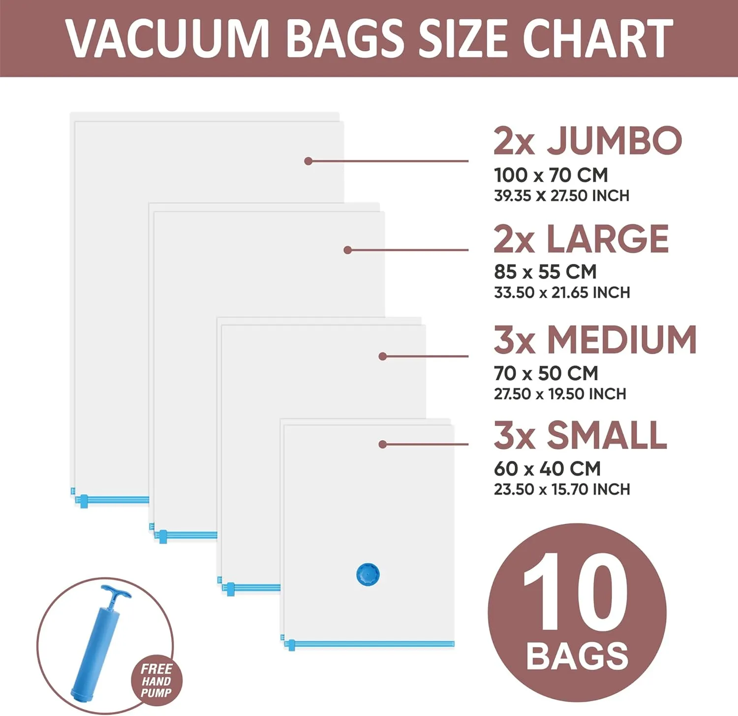 10 Space Saver Vacuum Sealed Storage Bags (2 Jumbo/2 Large/3 Medium/3 Small) with Hand Pump, Seal Bags for Clothing, Comforters, Pillows, Towel, Blanket Storage, Bedding
