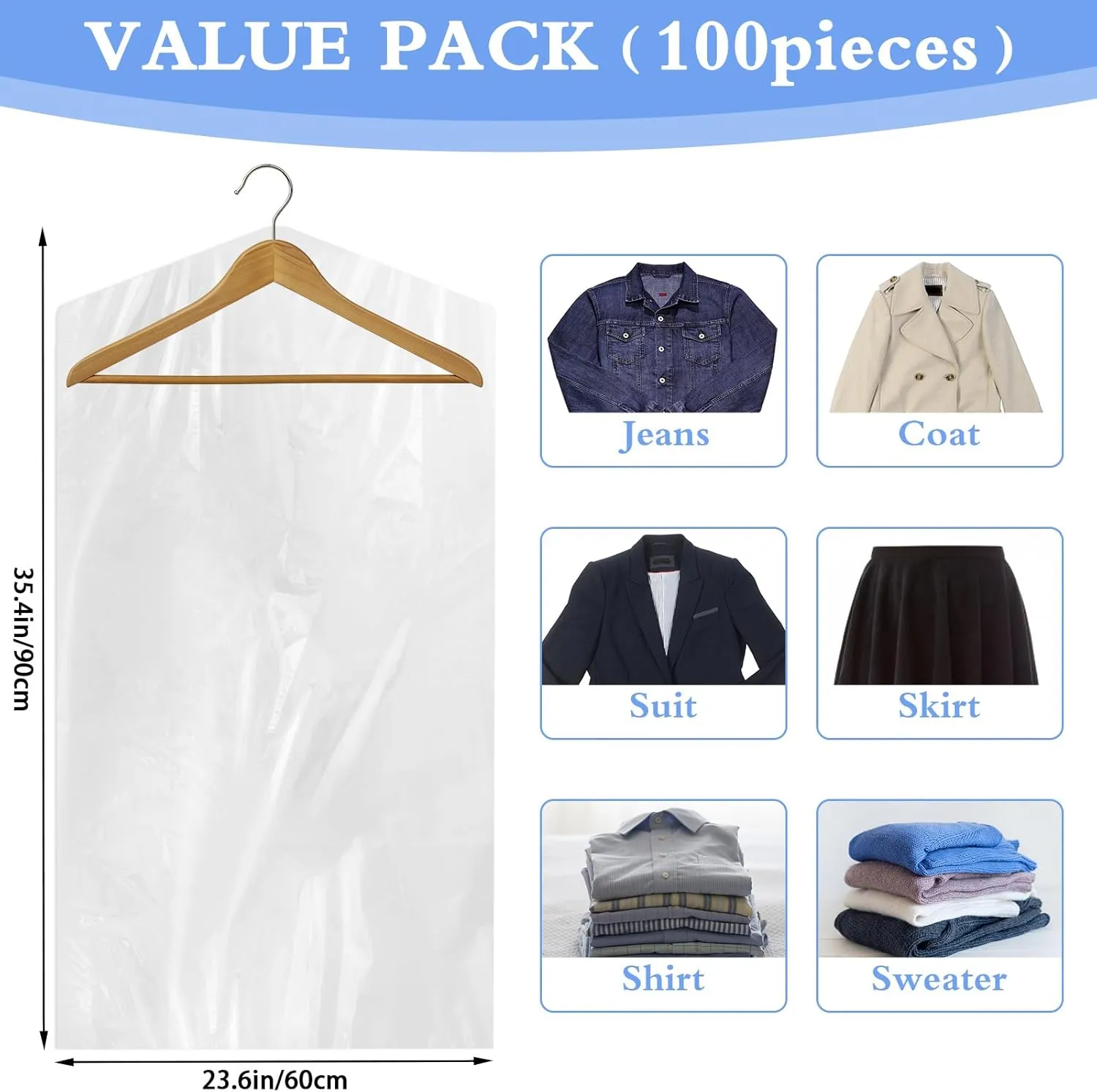 100 Pack Dry Cleaning Plastic Bags, Dry Cleaners Bags for Clothes, Clothes Covers for Home Storage, Travel, Moving (35.4 x 23.6 In)