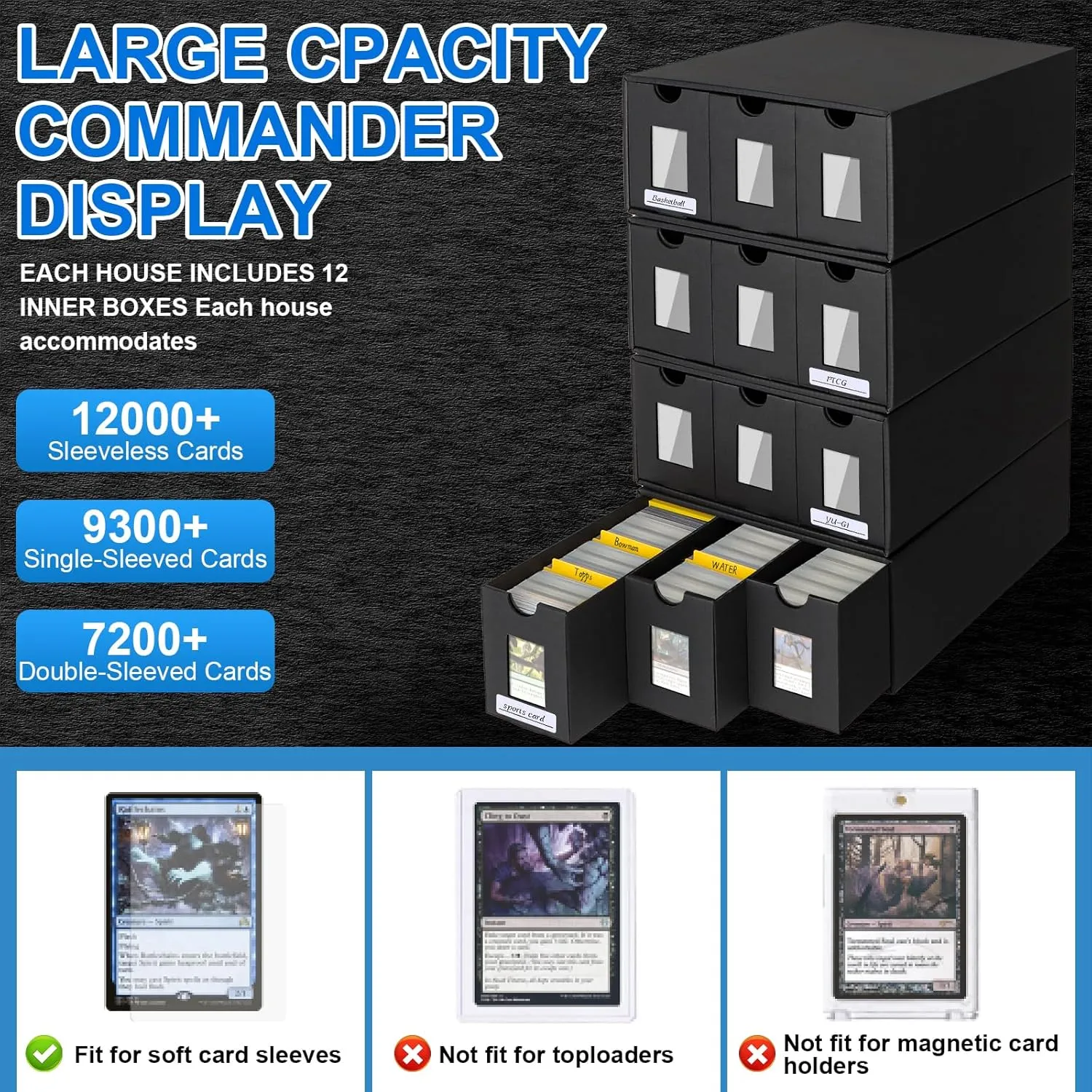 12000  Trading Card Storage Box for Commander Display, Card Deck Box Cardboard with 48 Dividers, Labels & Tapes, Trading Card Collection Box Fit for TCG, PTCG, MTG and Sport Cards