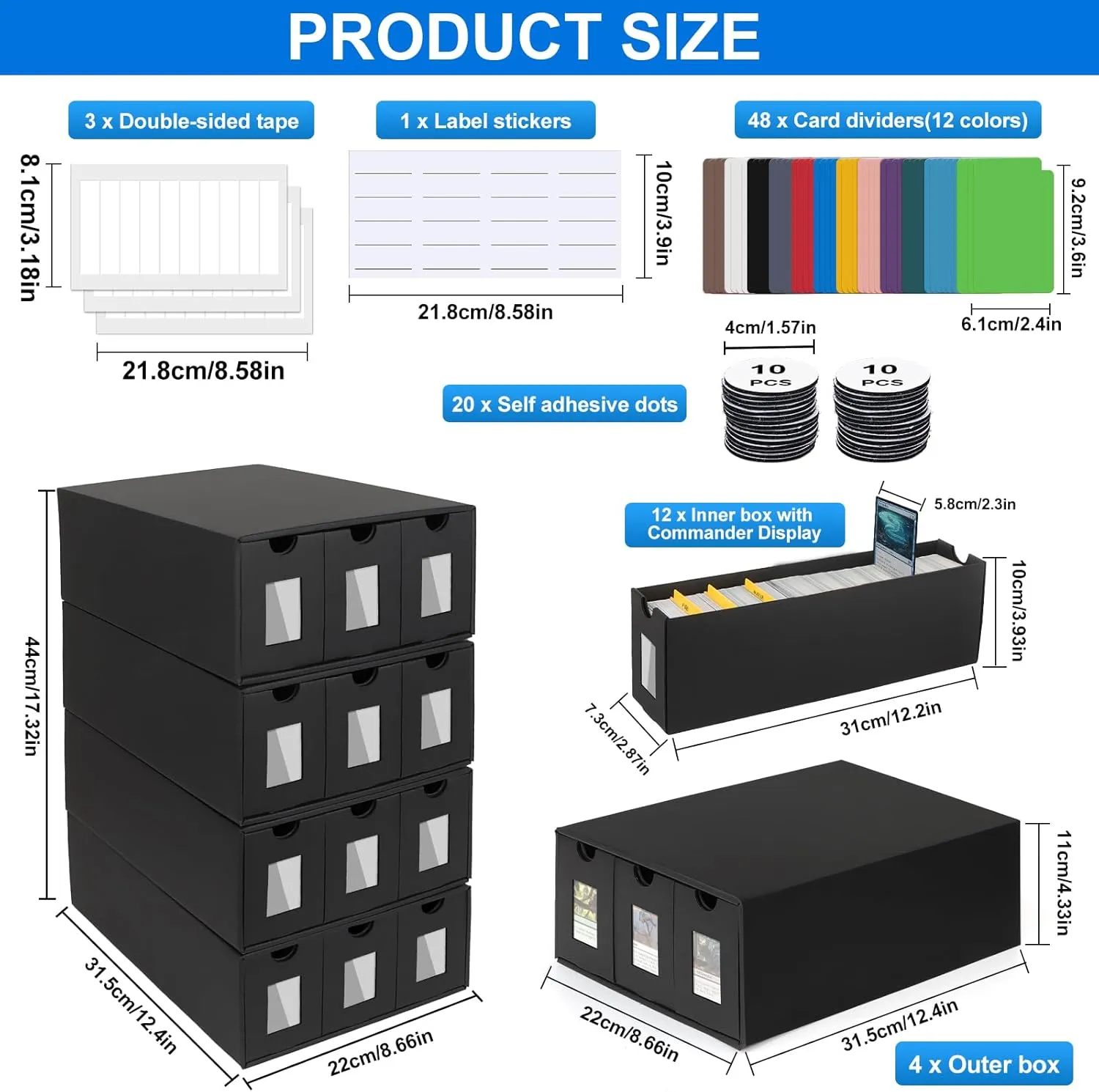 12000  Trading Card Storage Box for Commander Display, Card Deck Box Cardboard with 48 Dividers, Labels & Tapes, Trading Card Collection Box Fit for TCG, PTCG, MTG and Sport Cards