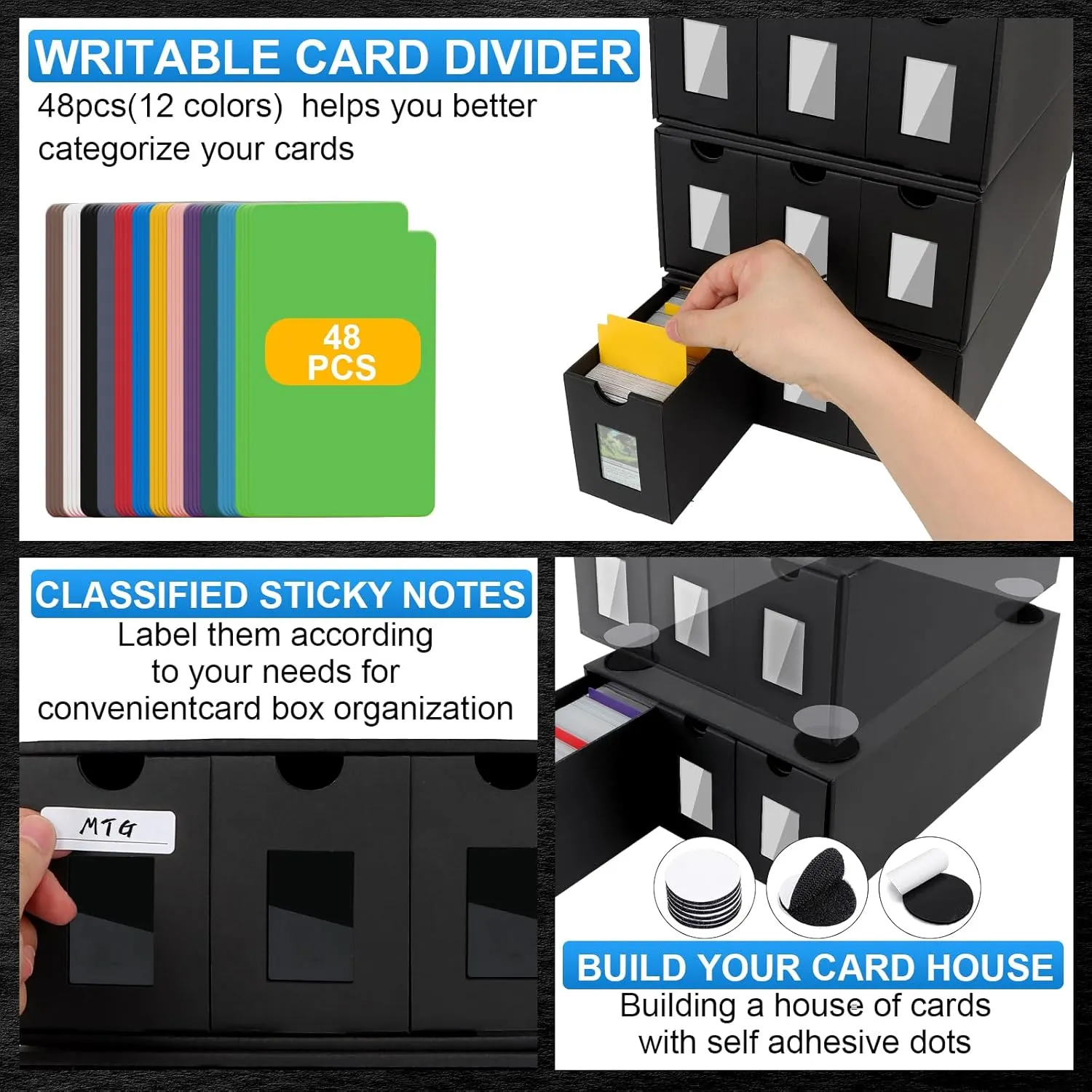 12000  Trading Card Storage Box for Commander Display, Card Deck Box Cardboard with 48 Dividers, Labels & Tapes, Trading Card Collection Box Fit for TCG, PTCG, MTG and Sport Cards