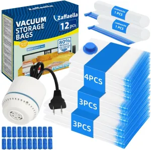 12Pack Vacuum Storage Bags with Electric Pump (3 Large, 3 Medium, 4 Small, 2 Roll Up Bags), Space Saver Bag for Clothes, Duvets, Pillows, Mattress, Blanket, Comforters,Travel