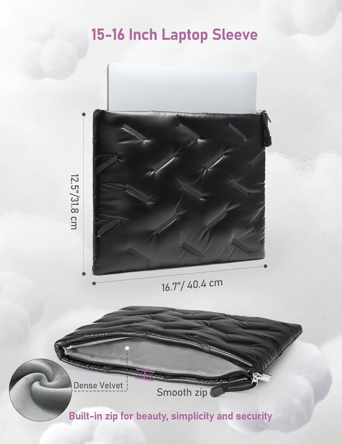 15-16 Inch Puffy Laptop Sleeve for Macbook Pro 16 M4/M3/M2/M1 Pro/Max 2024-2021, 15.6 inch Chromebook, ASUS Vivobook 16/15, 15.6 inch Dell Latitude, HP Pavilion 15, Meteorite Black