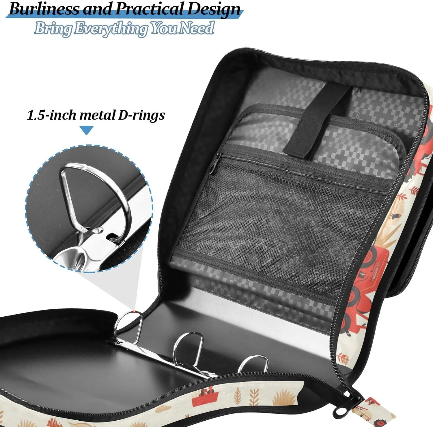 1.5 Inch 3 Rings Organizer Binder with Shoulder Strap & Handle for School and Office, Multiple Pockets, Red Old Wheeled