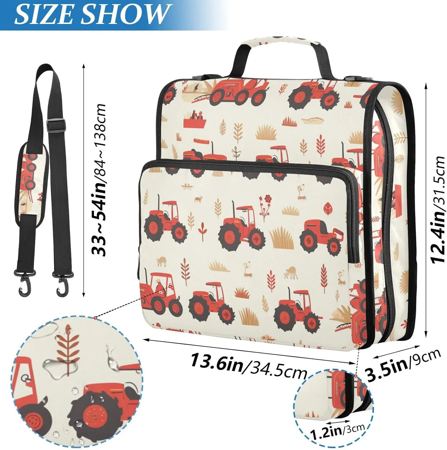 1.5 Inch 3 Rings Organizer Binder with Shoulder Strap & Handle for School and Office, Multiple Pockets, Red Old Wheeled