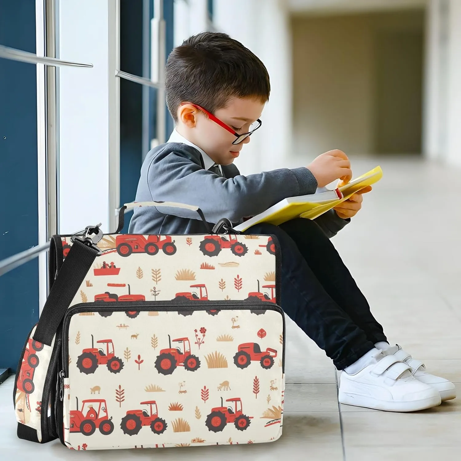 1.5 Inch 3 Rings Organizer Binder with Shoulder Strap & Handle for School and Office, Multiple Pockets, Red Old Wheeled