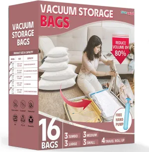 16 Pack Vacuum Storage Bags, Vacuum Seal Bags for Clothing, Comforters, Blankets, Space Saver Compression Bags with Hand Pump.(3×Jumbo, 3×Large, 3×Medium, 3×Small, 4×Roll)
