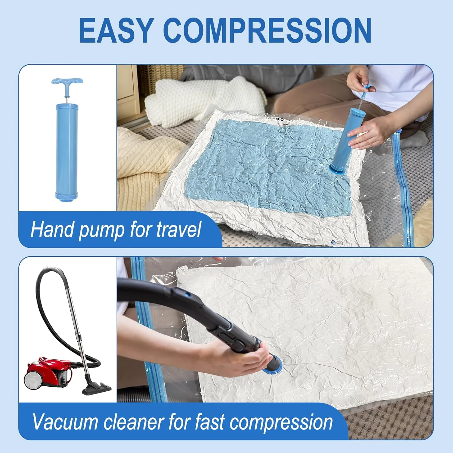 16 Pack Vacuum Storage Bags with Hand Pump, 4 Jumbo   4 Large   4 Medium   4 Small Plastic Packaging Bags, 80% Space Saver Vacuum Seal Bags for Clothing, Travel Lugggage, Blankets, Comforters