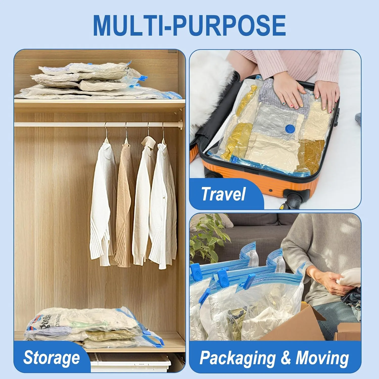 16 Pack Vacuum Storage Bags with Hand Pump, 4 Jumbo   4 Large   4 Medium   4 Small Plastic Packaging Bags, 80% Space Saver Vacuum Seal Bags for Clothing, Travel Lugggage, Blankets, Comforters
