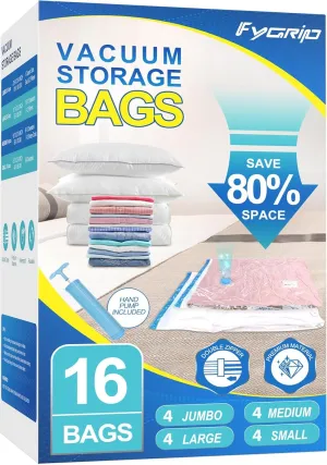 16 Pack Vacuum Storage Bags with Hand Pump, 4 Jumbo   4 Large   4 Medium   4 Small Plastic Packaging Bags, 80% Space Saver Vacuum Seal Bags for Clothing, Travel Lugggage, Blankets, Comforters