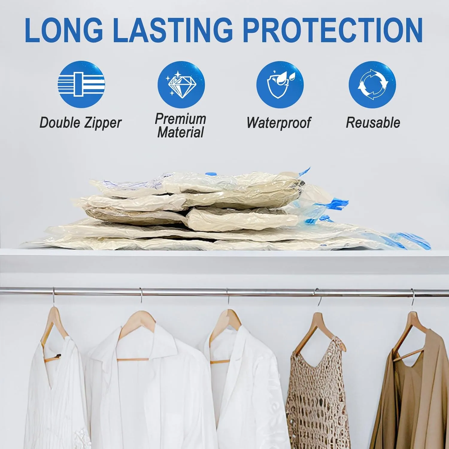 16 Pack Vacuum Storage Bags with Hand Pump, 4 Jumbo   4 Large   4 Medium   4 Small Plastic Packaging Bags, 80% Space Saver Vacuum Seal Bags for Clothing, Travel Lugggage, Blankets, Comforters
