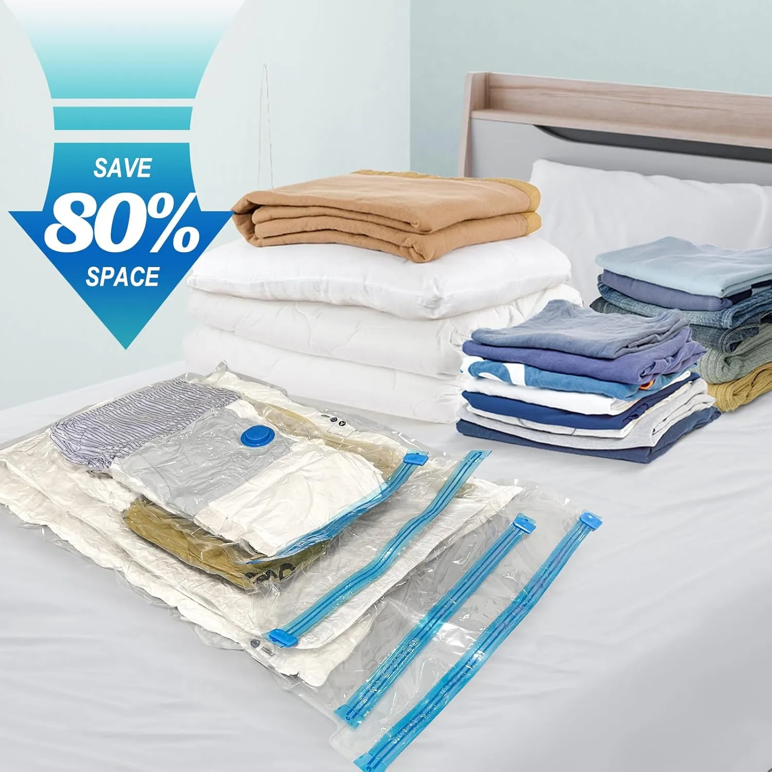 16 Pack Vacuum Storage Bags with Hand Pump, 4 Jumbo   4 Large   4 Medium   4 Small Plastic Packaging Bags, 80% Space Saver Vacuum Seal Bags for Clothing, Travel Lugggage, Blankets, Comforters
