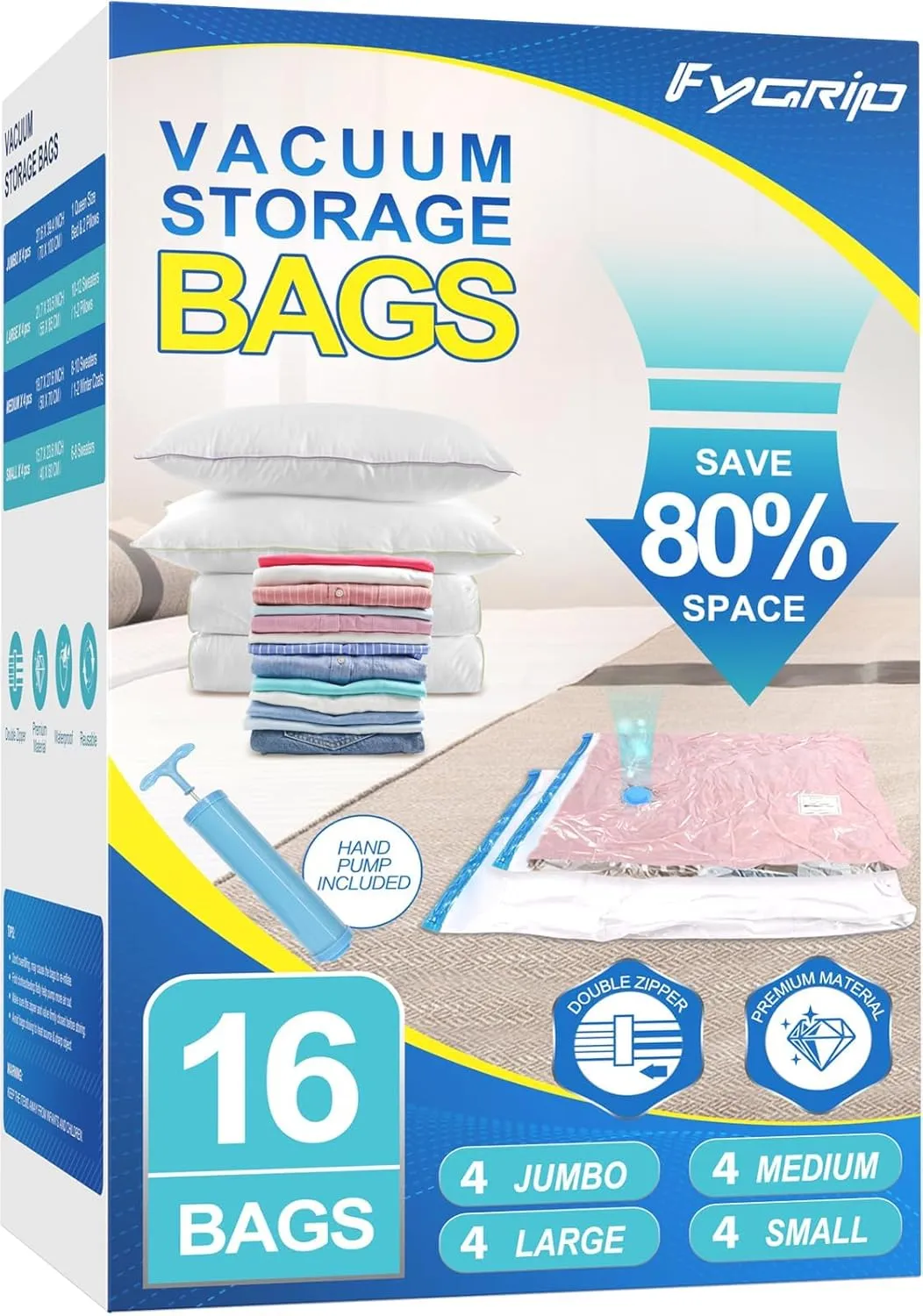 16 Pack Vacuum Storage Bags with Hand Pump, 4 Jumbo   4 Large   4 Medium   4 Small Plastic Packaging Bags, 80% Space Saver Vacuum Seal Bags for Clothing, Travel Lugggage, Blankets, Comforters