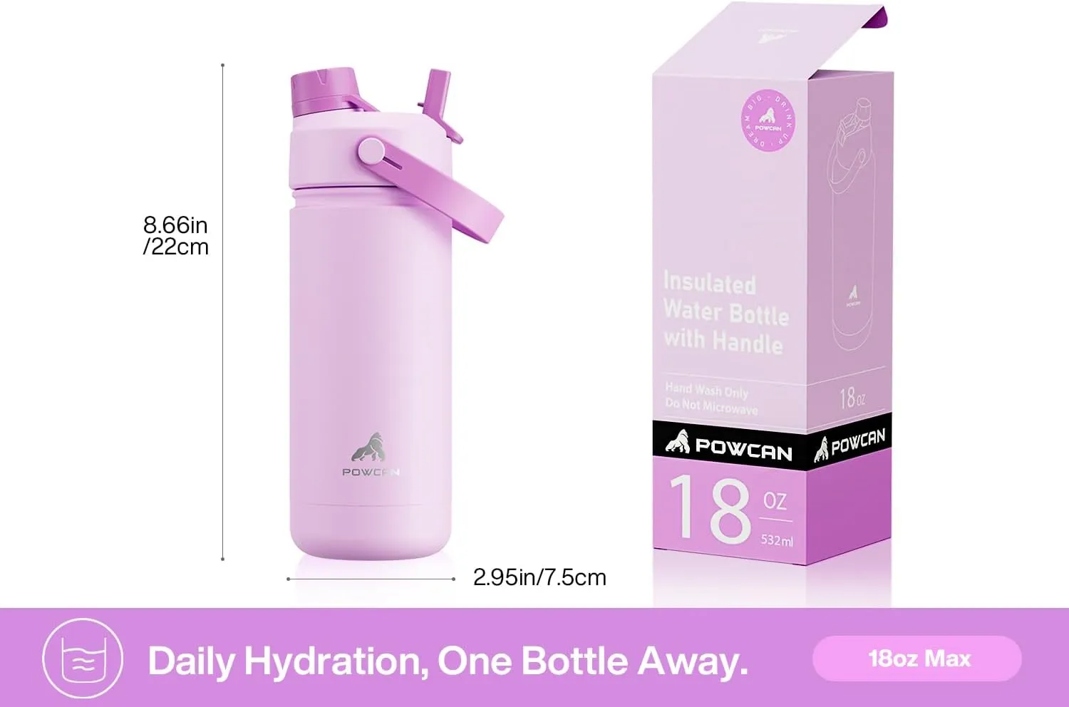 18 oz Insulated Water Bottle with 2-in-1 Straw and Spout Lid, Keep Cold 24H, Leak-Proof, Fits in Car Cup Holder, Stainless Steel Water Bottle for Sports, Travel, and School (Misty Lilac)