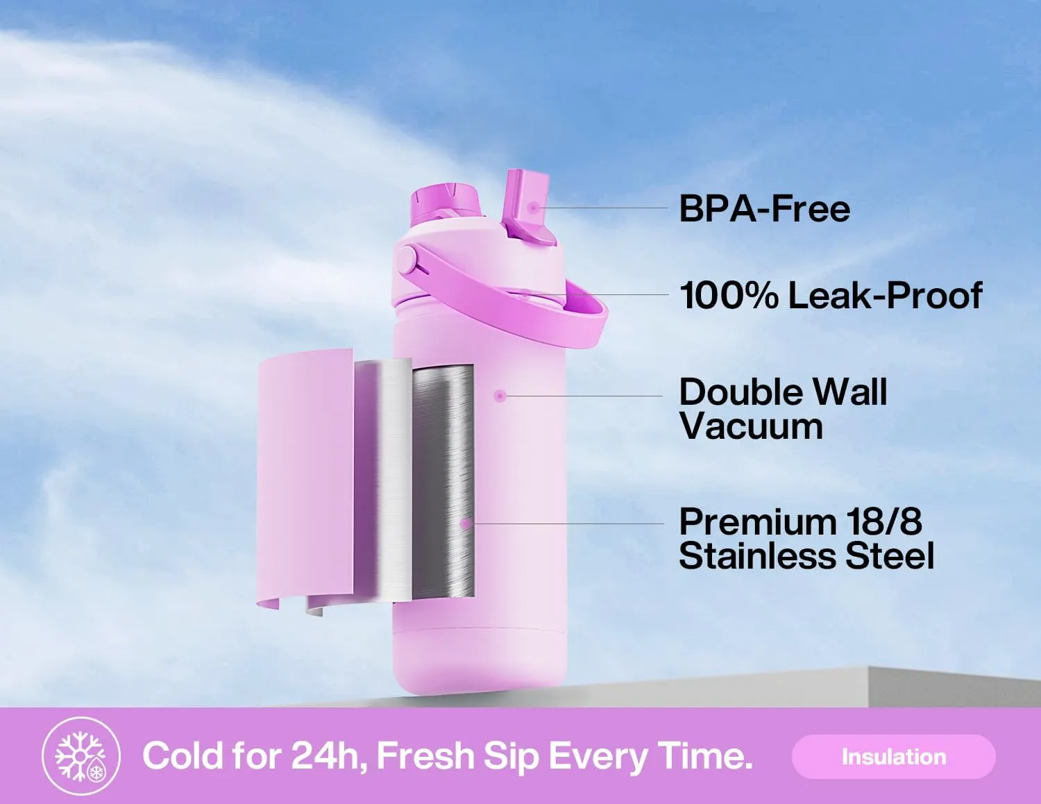 18 oz Insulated Water Bottle with 2-in-1 Straw and Spout Lid, Keep Cold 24H, Leak-Proof, Fits in Car Cup Holder, Stainless Steel Water Bottle for Sports, Travel, and School (Misty Lilac)