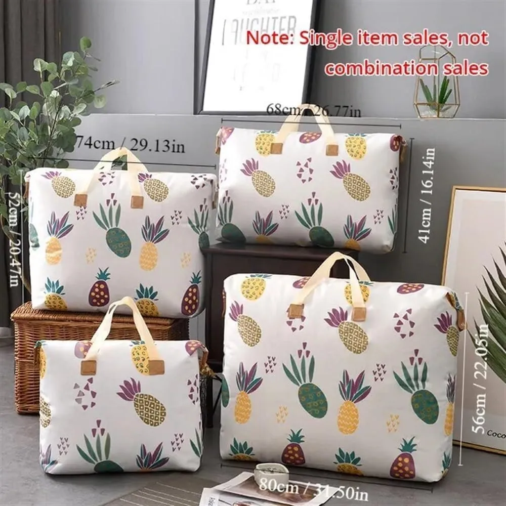 1pc Print Zipper Quilt Storage Bag Zipper Large Capacity Packing Bag Double Handle Moisture-proof Clothes Quilt Storage Bag(1pc Pineapple,80x27x56cm)