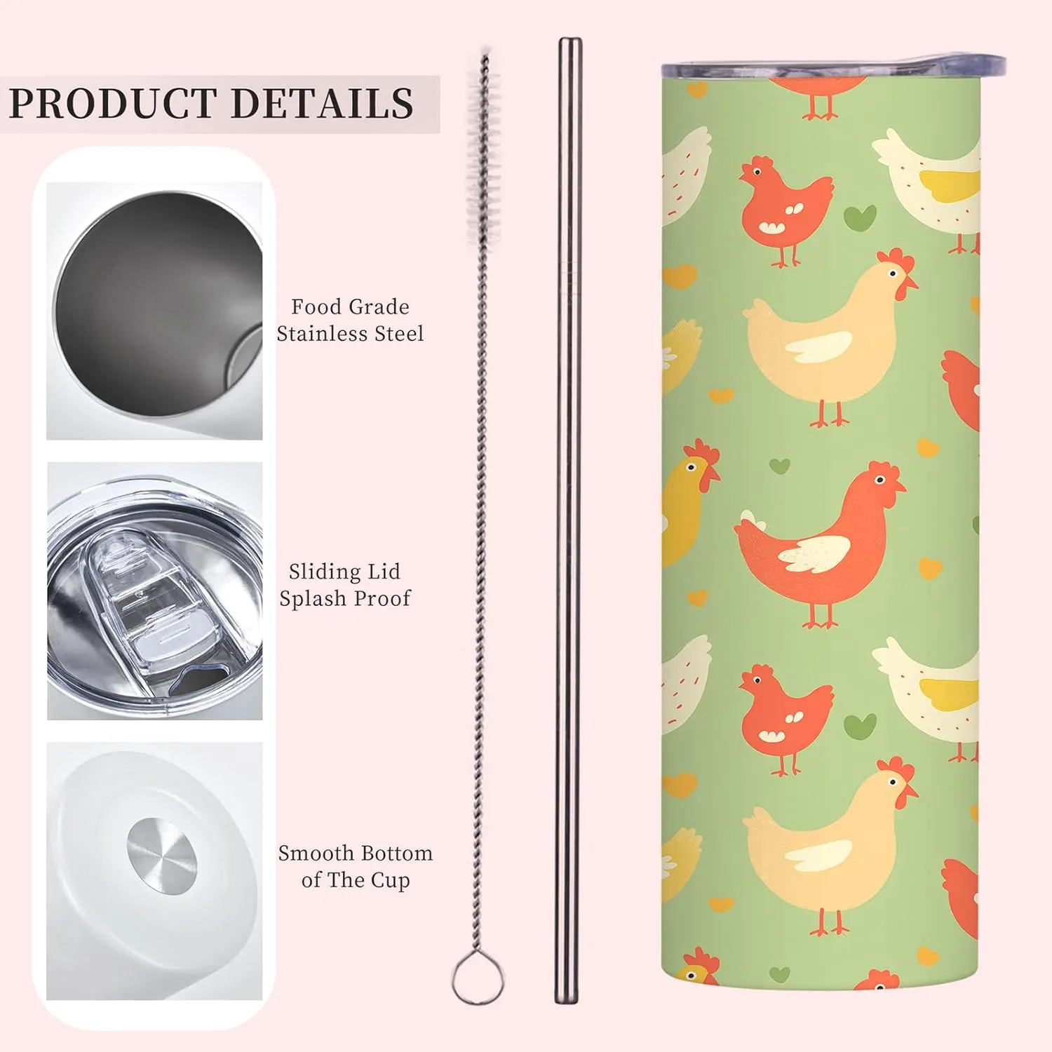 1Pcs Chicken Stainless Tumbler with lid and straw - 20oz Travel Mug, Reusable Metal Straw & Brush, Double-Wall Vacuum Bottle Cup for Coffee Wine Tea Hot and Cold Drinks,Gifts