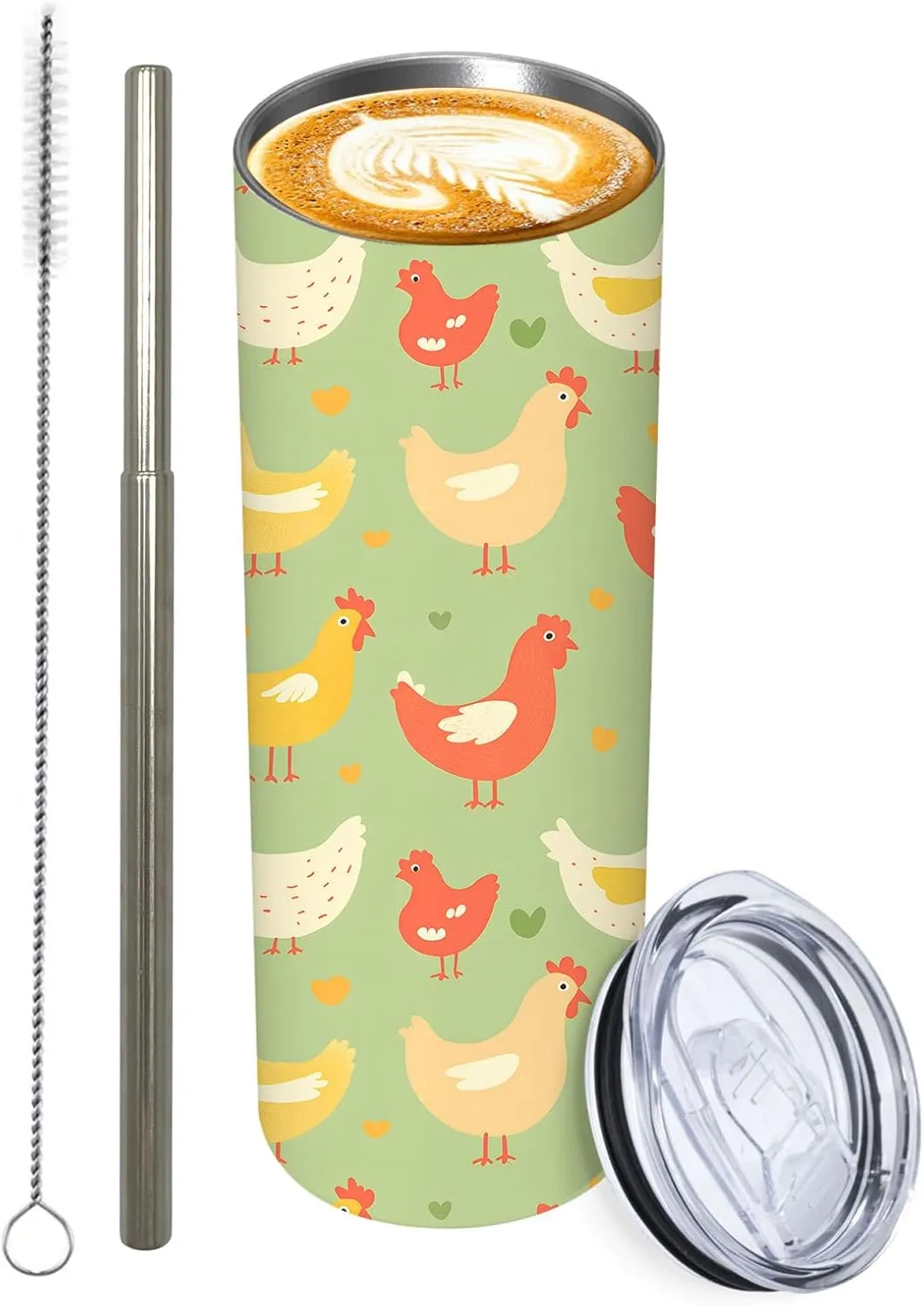 1Pcs Chicken Stainless Tumbler with lid and straw - 20oz Travel Mug, Reusable Metal Straw & Brush, Double-Wall Vacuum Bottle Cup for Coffee Wine Tea Hot and Cold Drinks,Gifts
