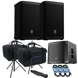 (2) Electro-Voice ZLX-8P-G2 8″ 1000W Powered Speaker, (2) Rockville TB8 Bags, EV ELX200-12SP, (2) Speaker Stands, (3) XLR Cables Bundle