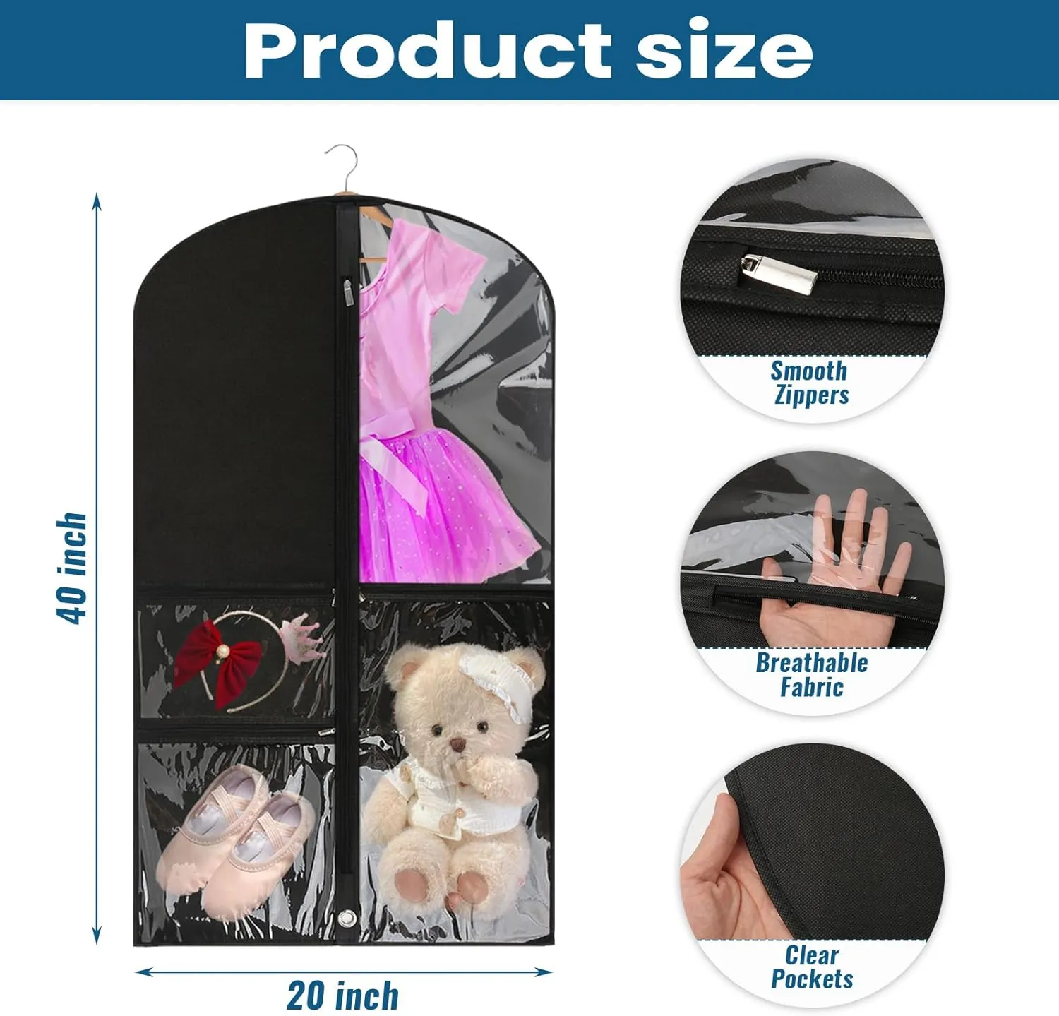 2 Pcs Garment Bags for Dance Costumes Waterproof Hanging Clothes Competition Bags with 3 Zippered Pockets Storage for Adults Kids(20" x 40"，Black)