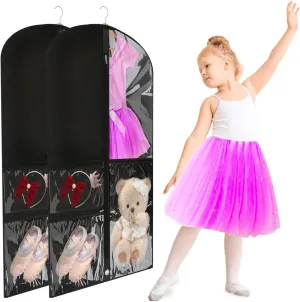 2 Pcs Garment Bags for Dance Costumes Waterproof Hanging Clothes Competition Bags with 3 Zippered Pockets Storage for Adults Kids(20" x 40"，Black)