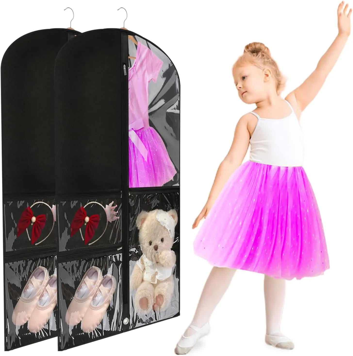 2 Pcs Garment Bags for Dance Costumes Waterproof Hanging Clothes Competition Bags with 3 Zippered Pockets Storage for Adults Kids(20" x 40"，Black)