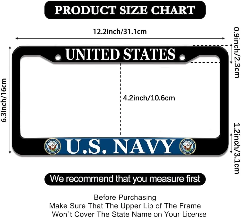 2 Pcs License Plate Frame for U.S. Navy Black Matte Aluminum USN Car Plate Cover Holders with Screw Caps