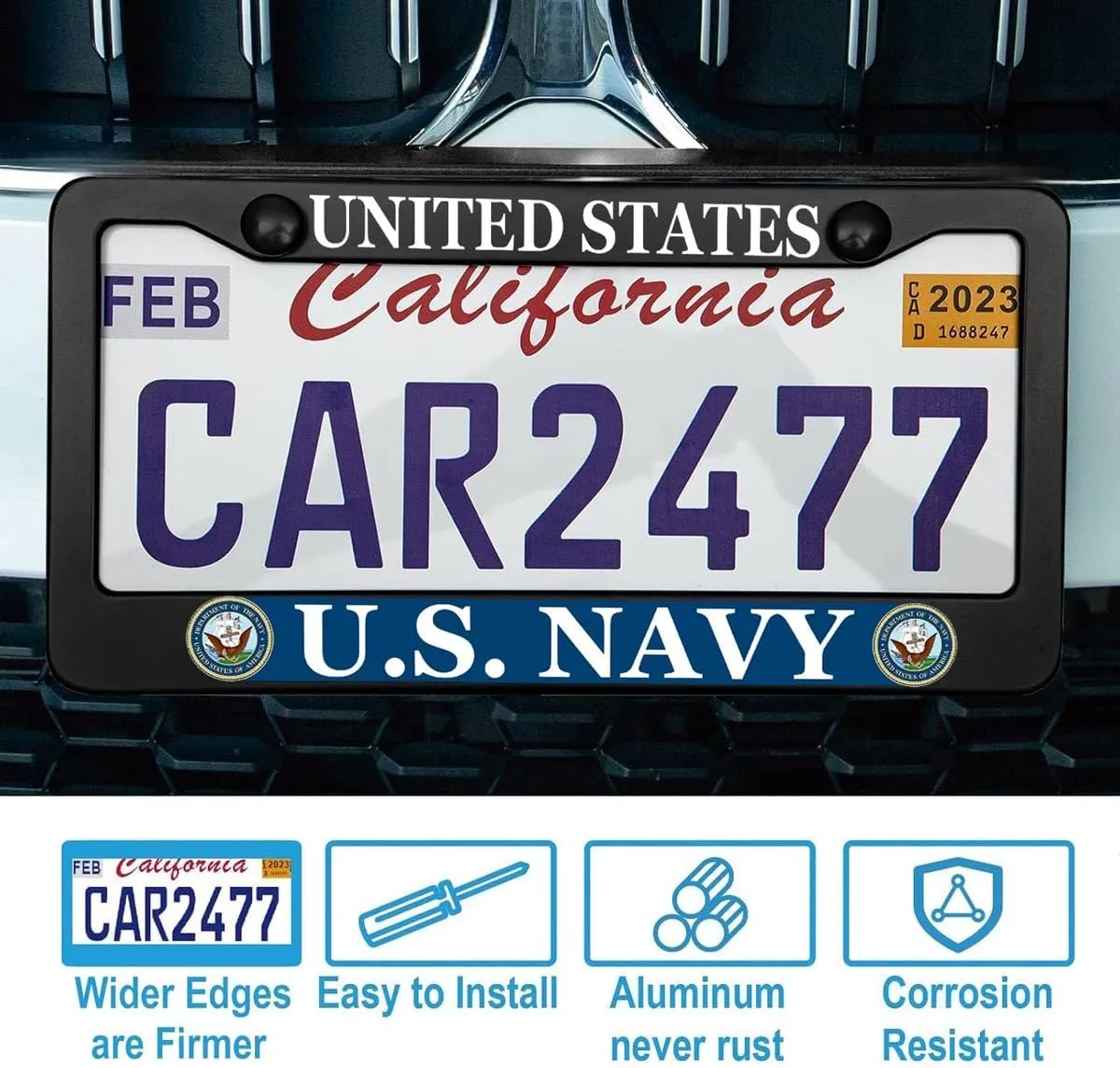 2 Pcs License Plate Frame for U.S. Navy Black Matte Aluminum USN Car Plate Cover Holders with Screw Caps