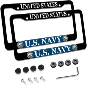 2 Pcs License Plate Frame for U.S. Navy Black Matte Aluminum USN Car Plate Cover Holders with Screw Caps