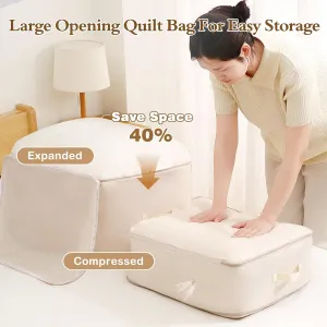 2 PCS Ultra Space Saving Self Compression Organizer, Comforter Storage Bag, Heavy Duty Moving Bags, Storage Tote for Space Saving, Moving Organizer Bags for Comforters, Clothes, Blankets (Cream)