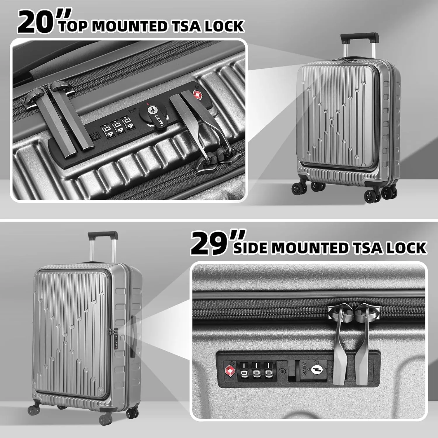 2 Pieces 20/29 Luggage Sets, 20 Inch Cabin Luggage with Front Pocket & 29 Inch Side Opening Suitcase, Ligthweight ABS PC Hardshell, Gray