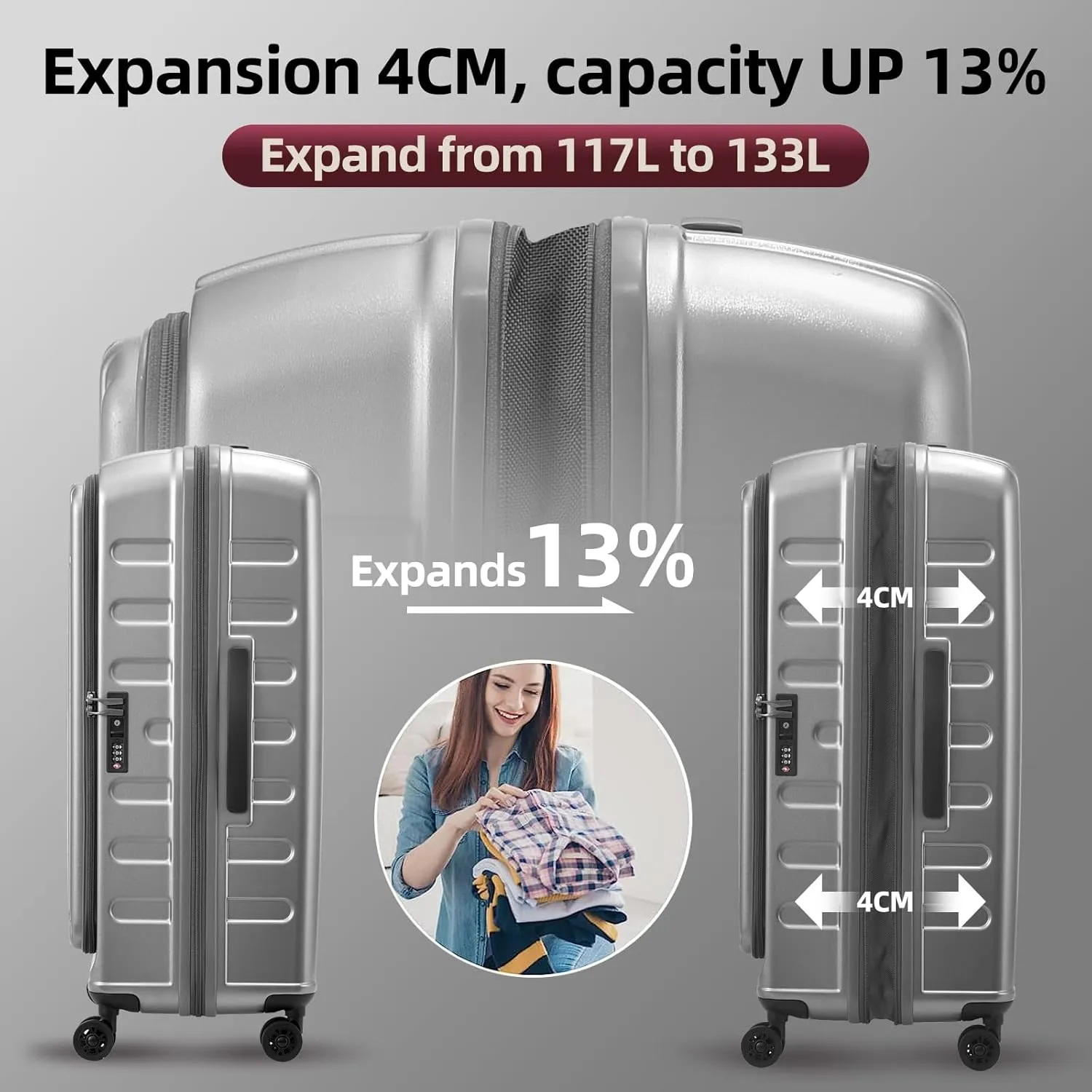 2 Pieces 20/29 Luggage Sets, 20 Inch Cabin Luggage with Front Pocket & 29 Inch Side Opening Suitcase, Ligthweight ABS PC Hardshell, Gray