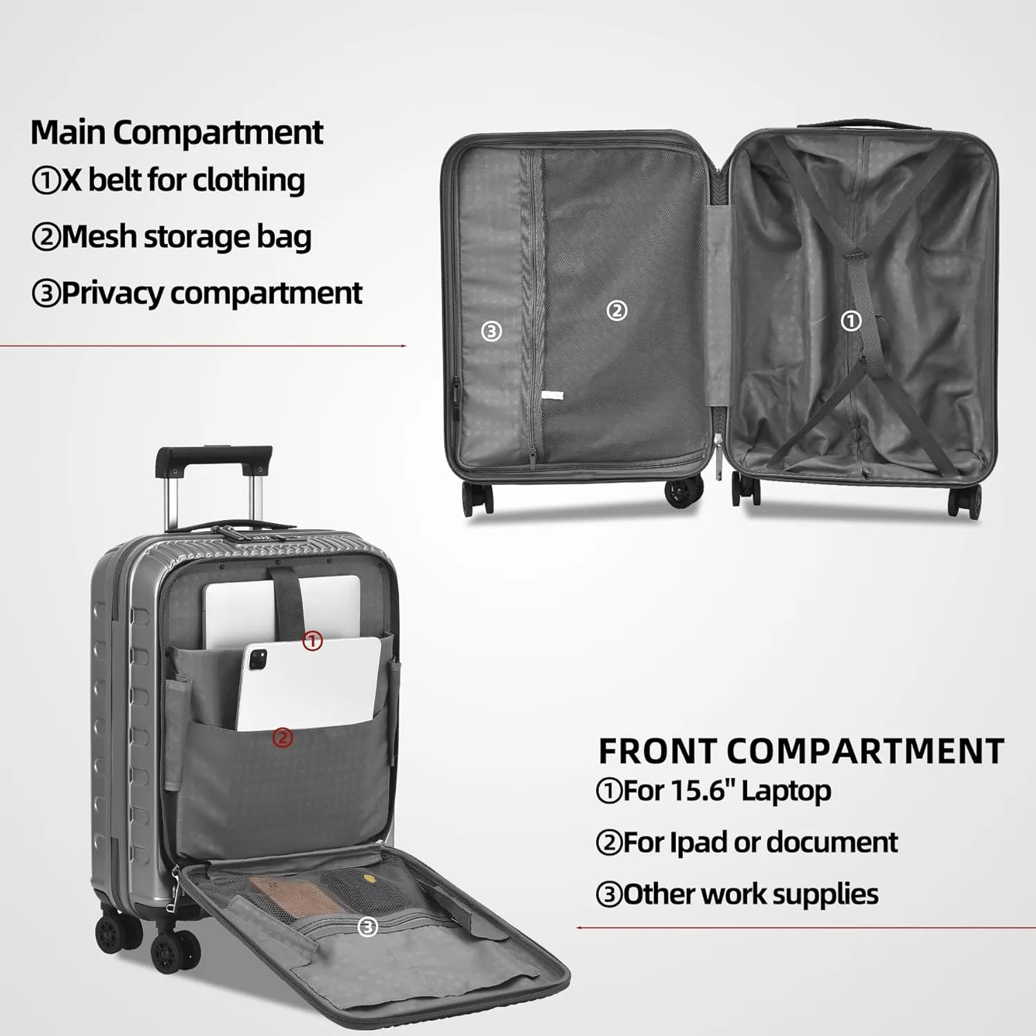 2 Pieces 20/29 Luggage Sets, 20 Inch Cabin Luggage with Front Pocket & 29 Inch Side Opening Suitcase, Ligthweight ABS PC Hardshell, Gray