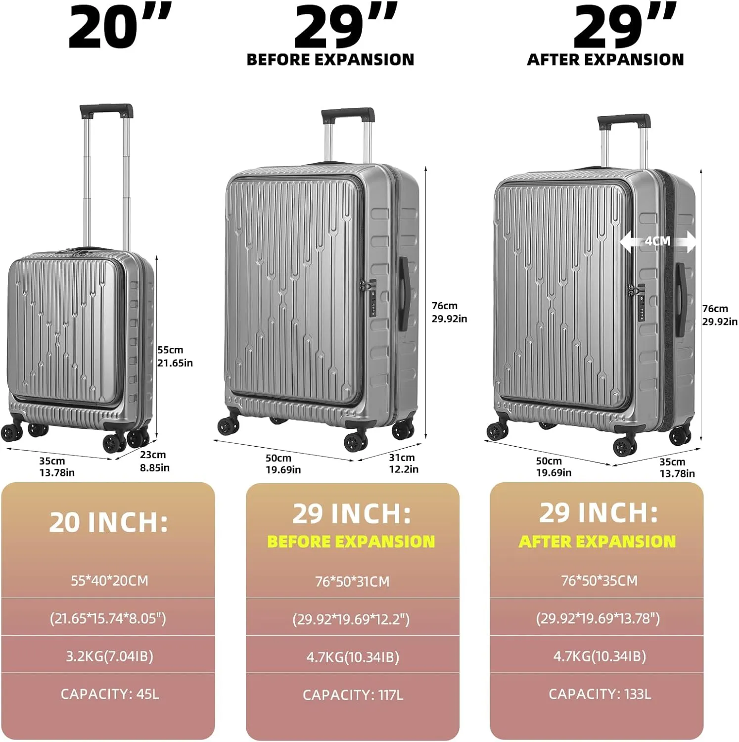 2 Pieces 20/29 Luggage Sets, 20 Inch Cabin Luggage with Front Pocket & 29 Inch Side Opening Suitcase, Ligthweight ABS PC Hardshell, Gray