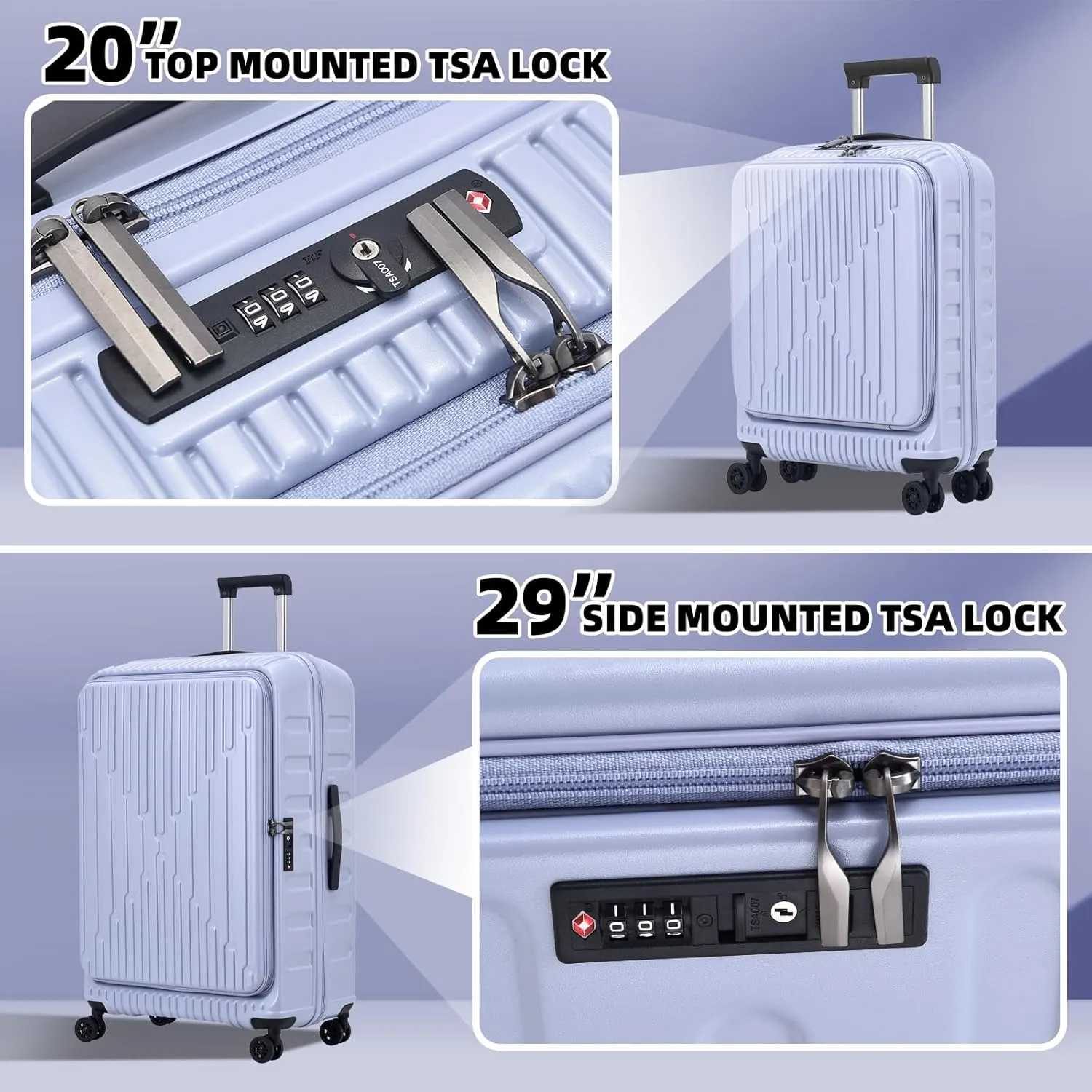 2 Pieces 20/29 Luggage Sets, 20 Inch Cabin Luggage with Front Pocket & 29 Inch Side Opening Suitcase, Ligthweight ABS PC Hardshell, TSA Lock with HINOMOTO 360° Wheels, Lilac Purple