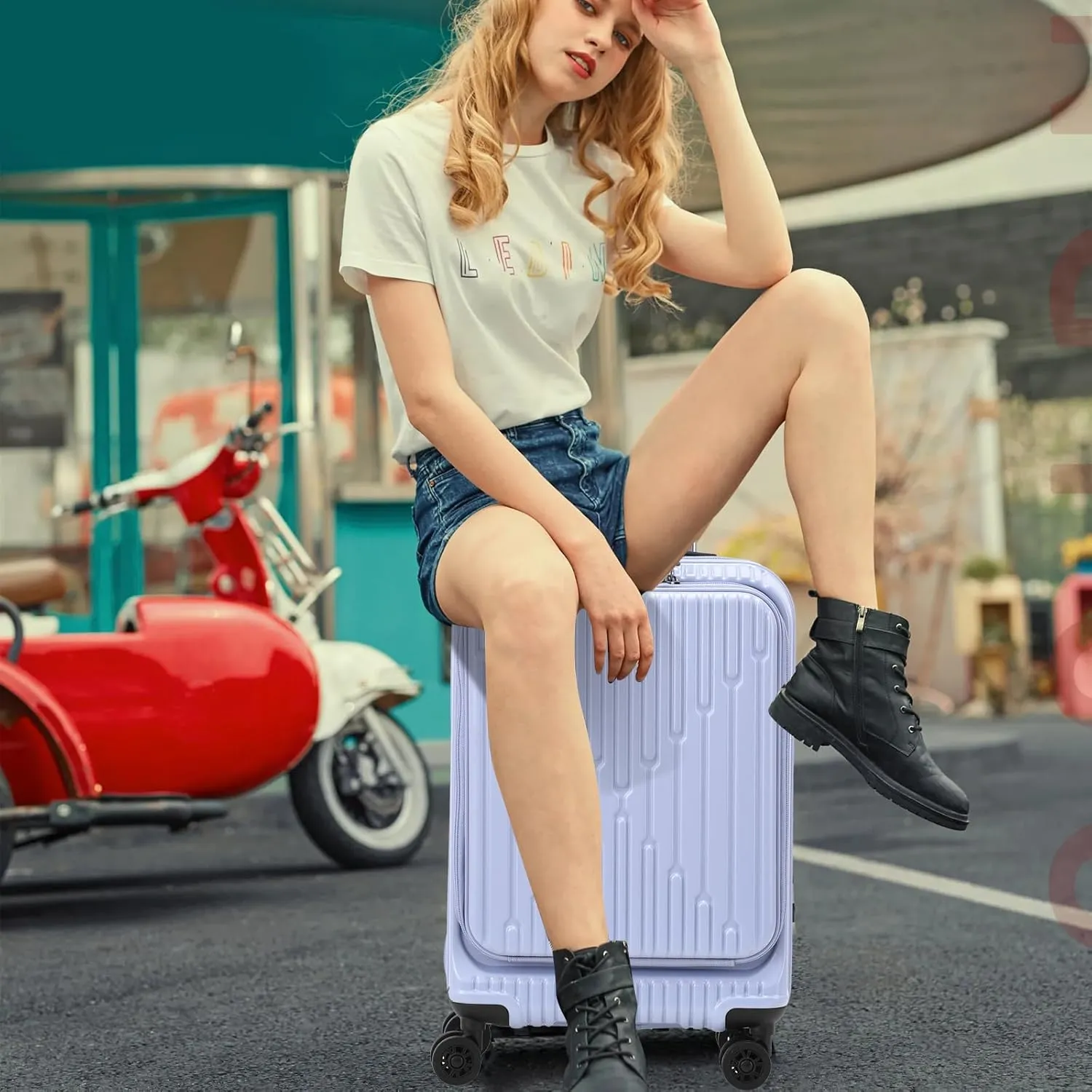 2 Pieces 20/29 Luggage Sets, 20 Inch Cabin Luggage with Front Pocket & 29 Inch Side Opening Suitcase, Ligthweight ABS PC Hardshell, TSA Lock with HINOMOTO 360° Wheels, Lilac Purple