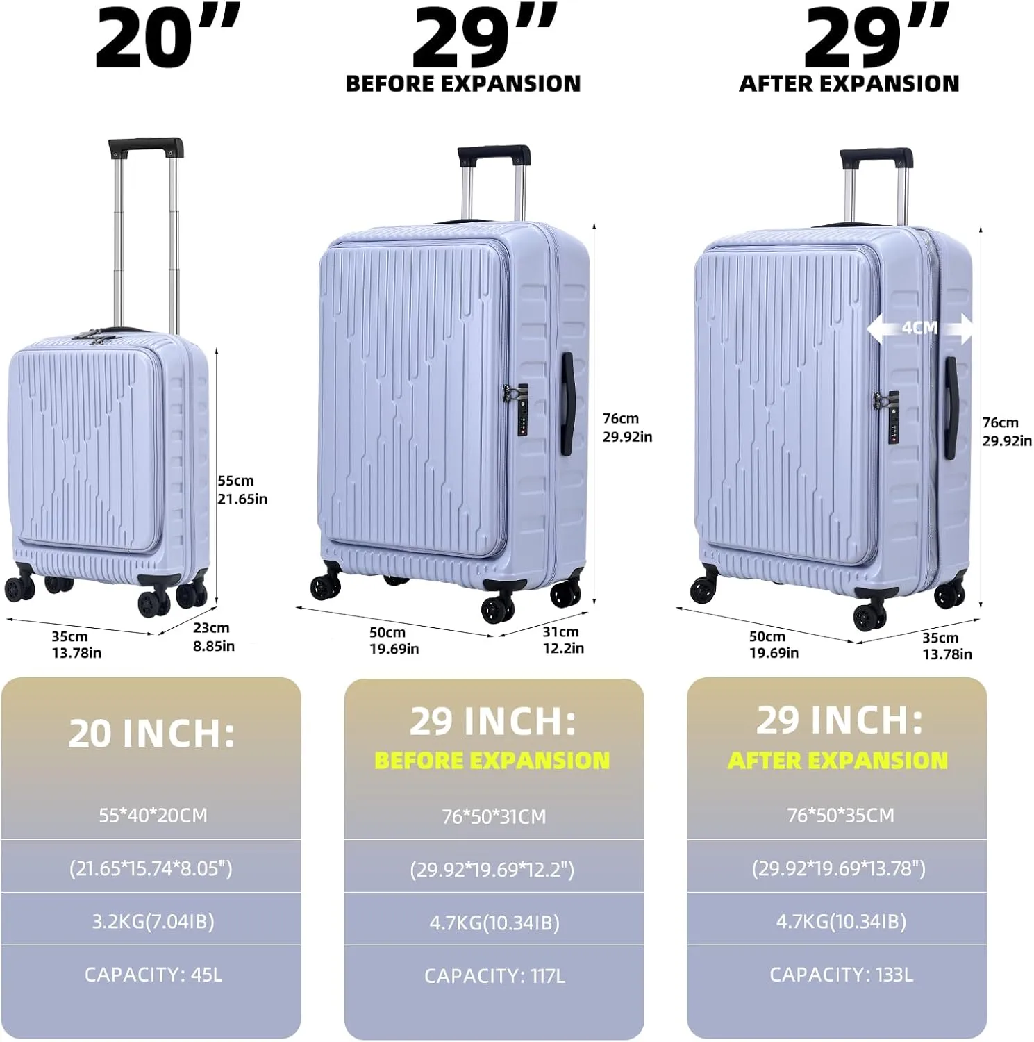 2 Pieces 20/29 Luggage Sets, 20 Inch Cabin Luggage with Front Pocket & 29 Inch Side Opening Suitcase, Ligthweight ABS PC Hardshell, TSA Lock with HINOMOTO 360° Wheels, Lilac Purple