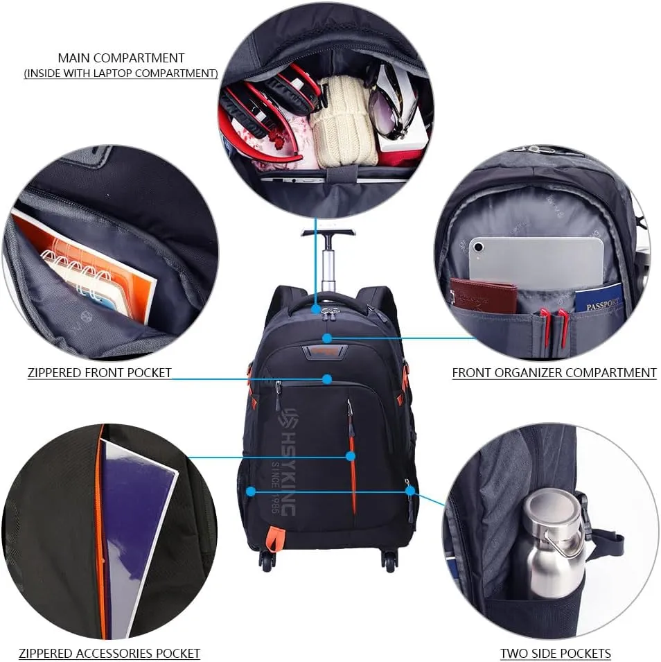 20 Inches Water-resistant Rolling Laptop Backpack Wheeled Backpack for Adult, Business People and Travel Commuter Carry-on Luggage with Spinner Wheels Travel Luggage (Black, 20 Inches)