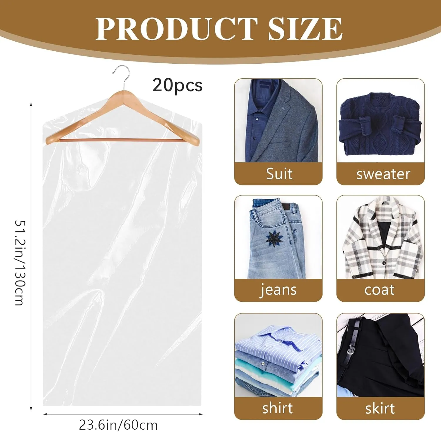 20 Pack Plastic Garment Bags Clear Dress Covers for Hanging Transparent Dry Cleaning Bags Dust-proof Garment Covers for Dry Cleaner, Home Storage, Travel (23.6 x 51.2 Inch)