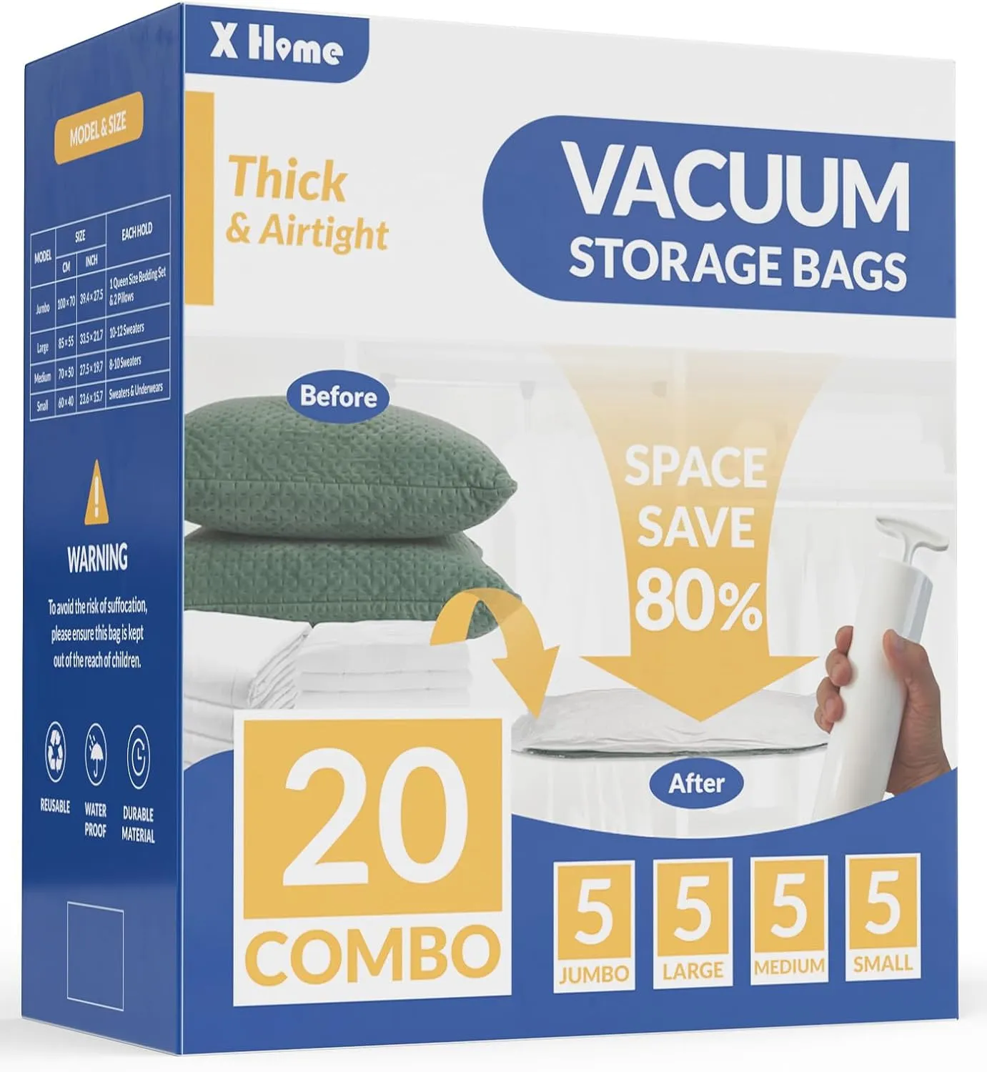 20 Pack Vacuum Storage Bags, 80% Space Saver Vacuum Seal Bags for Clothing, Bedding, Blankets, Comforters, and Pillows, Vacuum Compression Bags with Travel Hand Pump (5 Jumbo 5L 5M 5S)