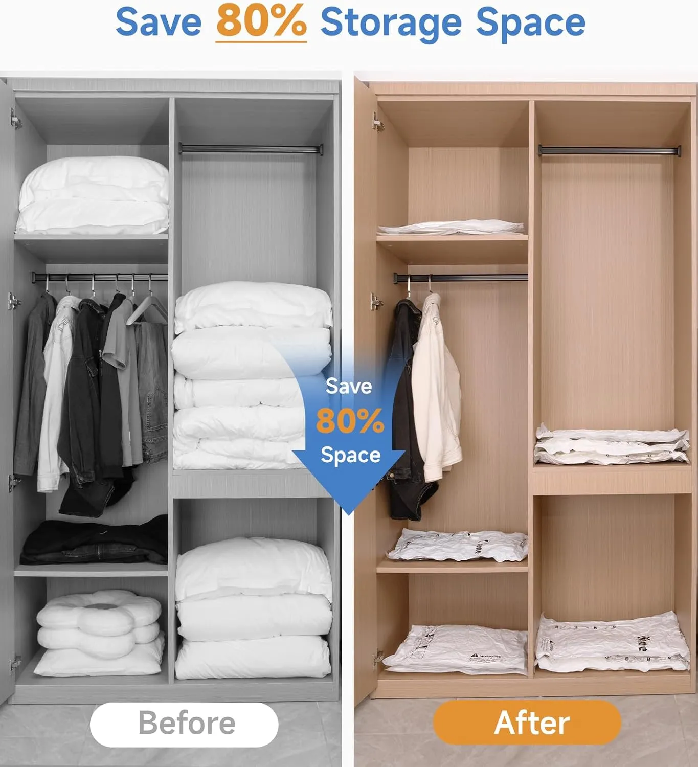 20 Pack Vacuum Storage Bags, 80% Space Saver Vacuum Seal Bags for Clothing, Bedding, Blankets, Comforters, and Pillows, Vacuum Compression Bags with Travel Hand Pump (5 Jumbo 5L 5M 5S)
