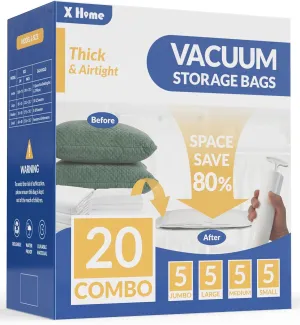 20 Pack Vacuum Storage Bags, 80% Space Saver Vacuum Seal Bags for Clothing, Bedding, Blankets, Comforters, and Pillows, Vacuum Compression Bags with Travel Hand Pump (5 Jumbo 5L 5M 5S)