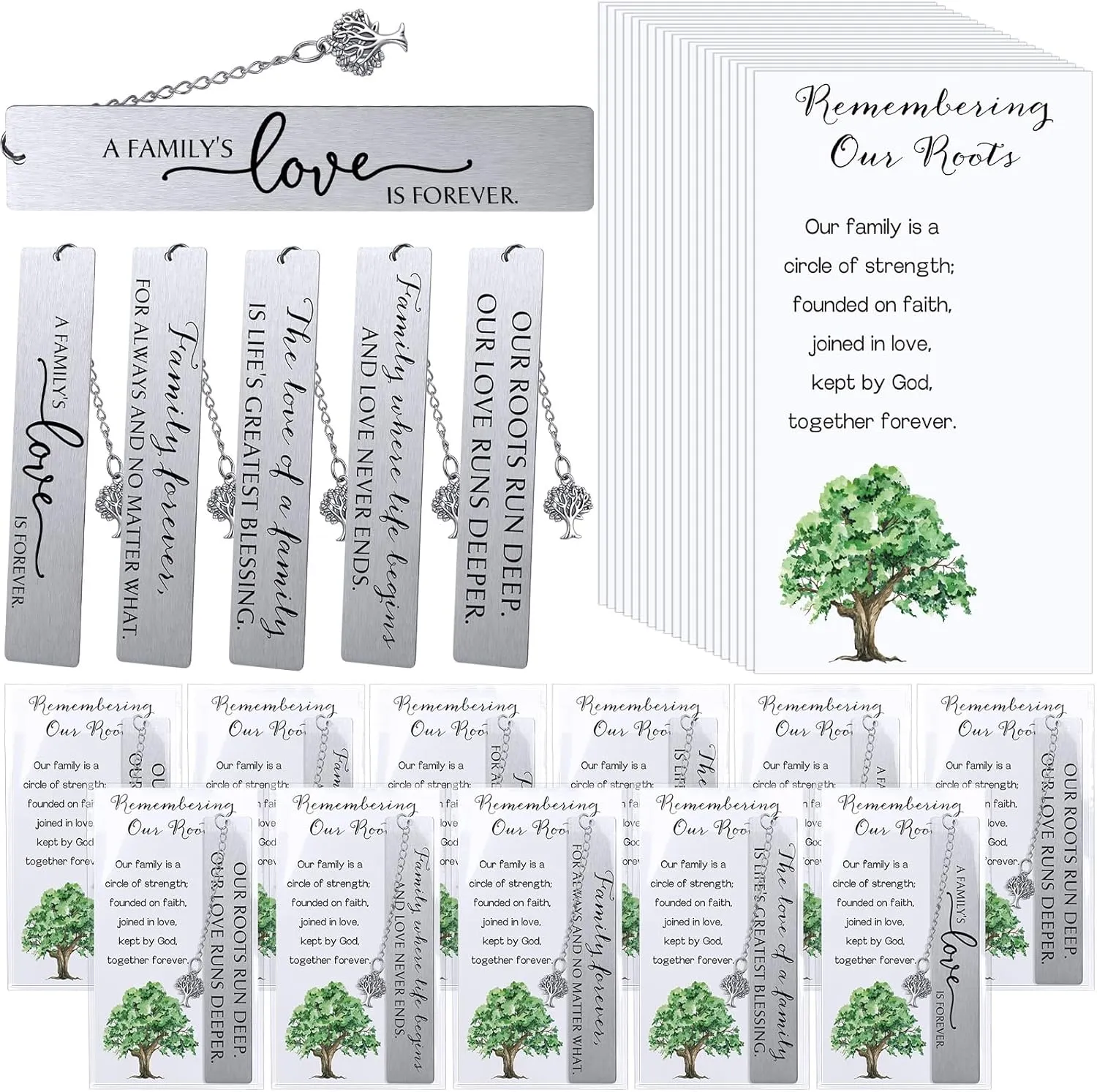 20 Set Family Reunion Party Favors 5 Style Metal Bookmark with Family Tree Pendent Family Reunion Bookmarks Remembering Our Roots Cards with Bags for Family Gathering Guests Book Lovers